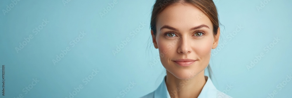 Wall mural A confident woman smiling against a light blue background, conveying professionalism and approachability.