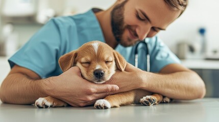 A veterinarian gently cradles a small puppy in his arms, providing comfort and care.