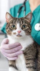 A veterinarian gently holds a tabby cat during an examination.  The cat looks directly at the camera.