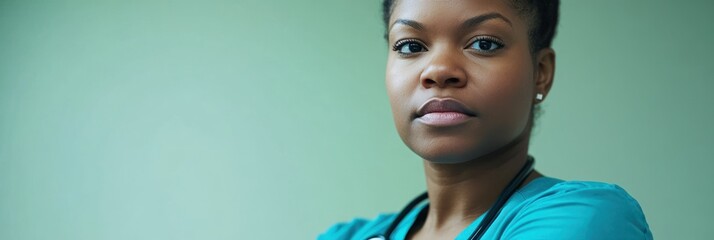 A focused healthcare professional in scrubs, exuding confidence and determination.