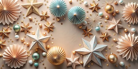 Christmas decorations flat lay with paper stars and origami balls