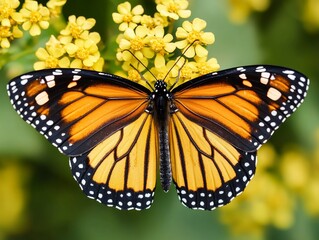 A vibrant Monarch butterfly with orange, black, and white wings perched on a yellow flower.
