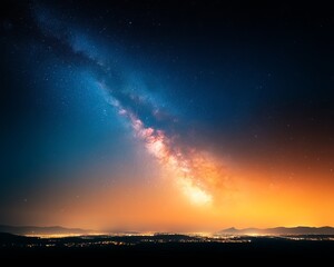 Fototapeta premium A vibrant Milky Way galaxy stretches across a night sky over a distant city, with a warm orange glow on the horizon.