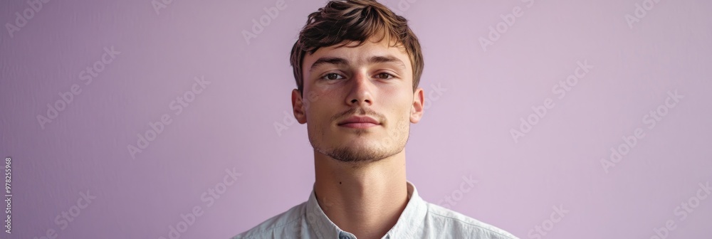 Wall mural a young man poses confidently against a pastel purple background.