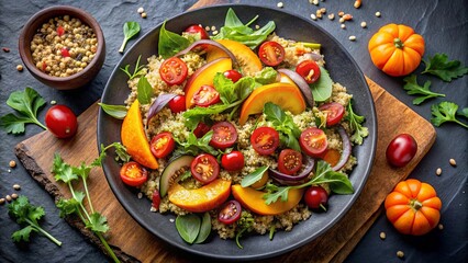 Fresh and healthy veggie salad with roasted pumpkin, quinoa, tomatoes, and green salad on a slate background