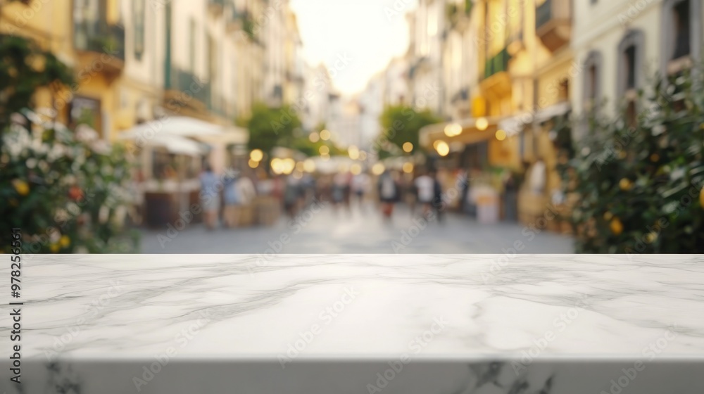 Canvas Prints A blurred street scene with a marble tabletop in the foreground.