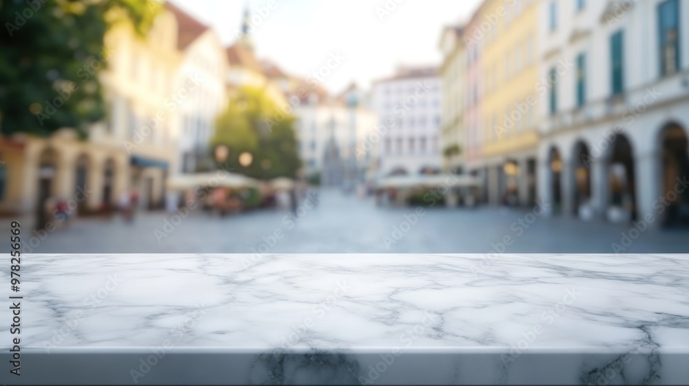 Canvas Prints A blurred city square view with a marble countertop in the foreground.