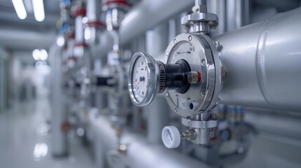 A close up of a pressure gauge on pipes in an industrial setting