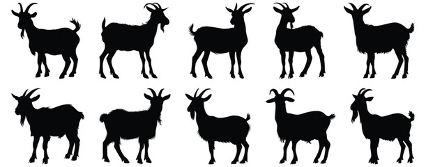 Goat silhouettes set, animal pack of vector silhouette design, isolated background