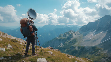 A hiker with compact satellite dish on backpack enjoys stunning mountain view