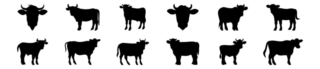 Cow silhouettes set, pack of vector silhouette design, isolated background