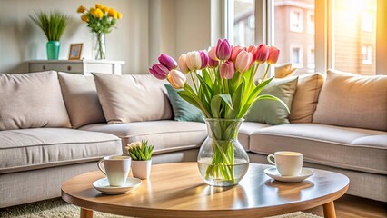 Naklejka premium A stylish living room setting with glass vase, tulips, sofa, and coffee table