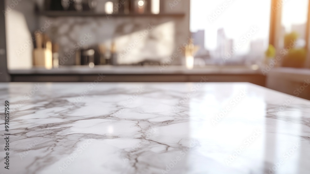 Wall mural A marble kitchen countertop with a city view in the background, showcasing modern design.