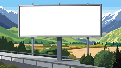 A large billboard above a highway with a panoramic mountain and forest backdrop.