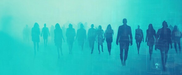 Silhouetted figures walking through a misty, digital landscape, suggesting themes of connectivity.