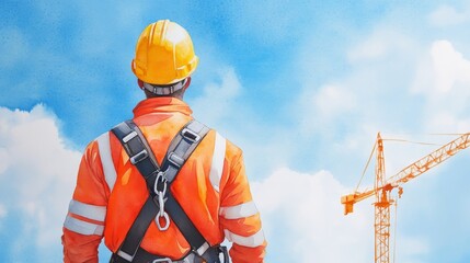 Fototapeta premium Construction worker in safety gear observes a crane against a bright blue sky, symbolizing progress and teamwork in construction.