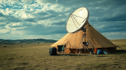 A satellite dish on nomadic tent in steppes showcases modern technology in nature
