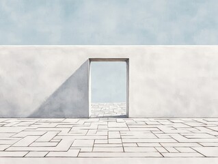 Minimalist concrete wall with a single open doorway leading to a blue sky. The wall is textured with a subtle brushstroke effect.