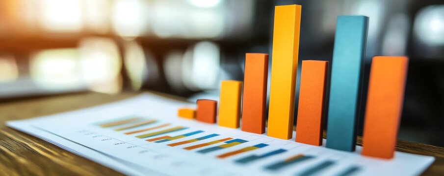 Colorful bar chart with business data and analytics in a modern office. Perfect for financial, growth, and productivity concepts.