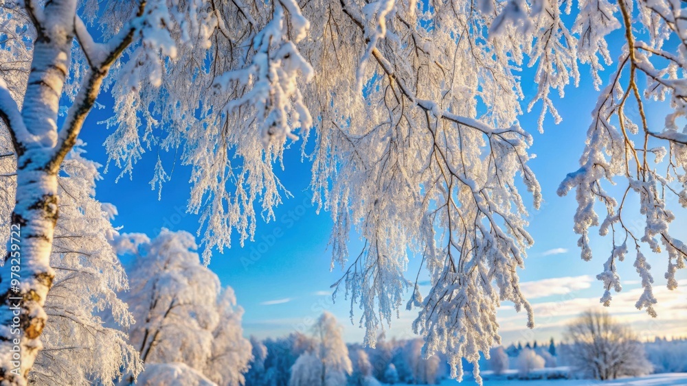 Canvas Prints Snowy birch branches in winter against the sky, branches covered with snow in a nature winter landscape, snow, birch tree, branches