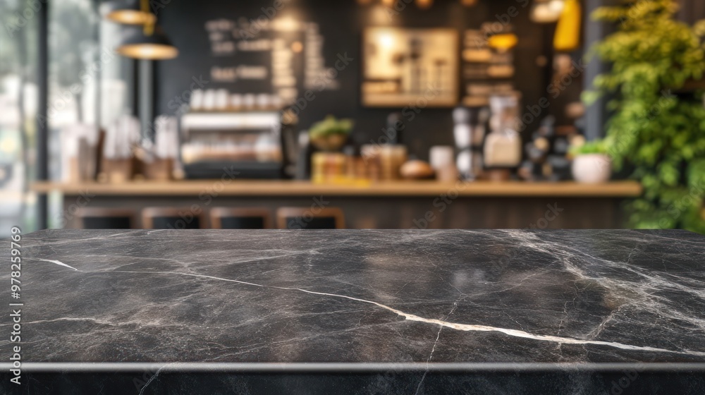 Sticker A stylish café interior with a dark marble countertop and a blurred coffee bar in the background.