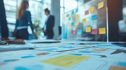 Office workspace with documents and sticky notes, used for team collaboration and planning in a modern business environment.