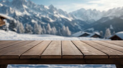 A wooden table in the foreground with a snowy mountain landscape in the background.