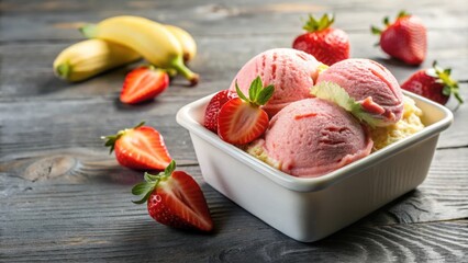 Delicious strawberry and banana Italian ice cream in a tub, dessert, sweet, frozen treat, refreshing, creamy, fruit