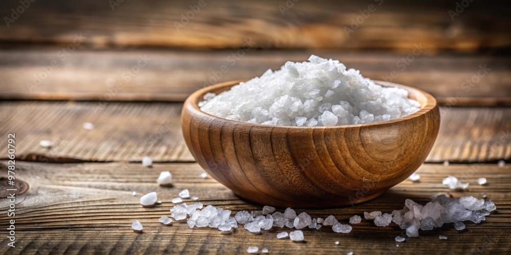 Poster Natural sea salt crystals displayed in a rustic wooden bowl , sea salt, natural, crystals, wooden bowl, salt, seasoning