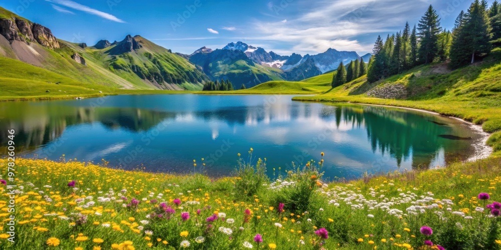 Sticker Idyllic mountain lake surrounded by a blooming meadow, scenic, tranquil, nature, landscape, serene, picturesque