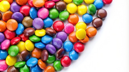 Obraz premium Colorful chocolate drops in various bright colors on a white background, chocolate, drops, colorful, bright, candy, sweet