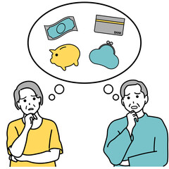 高齢な夫婦が将来のお金の心配をしているイラスト