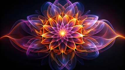 Abstract render of surreal alien flower with organic lines and glowing purple and orange gradient colors on black background