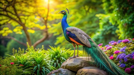 Obraz premium Peacock perched on a rock in a lush green garden , peacock, bird, rock, garden, green, colorful, feathers, wildlife
