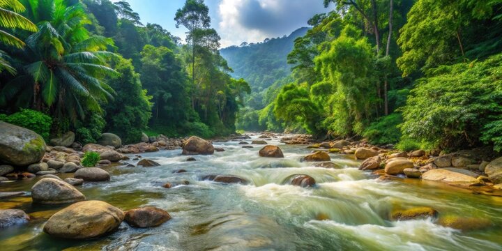 Upstream river flowing through lush tropical forest at Sungai Kampar, Gopeng, Perak, river, upstream, tropical, forest