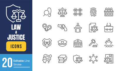 Set of Law and Justice Related Vector Line Icons. Contains such Icons as Themis, Court, Police and more. Editable Stroke.