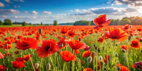 Obraz premium Field of poppies with selective focus, showcasing vivid red flowers in a natural summer setting , poppies