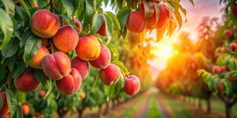 Ripe red peaches hanging from branches in an orchard at sunset, peaches, ripe, red, fruit, orchard, branches, hanging