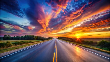 Obraz premium Highway at sunset with vibrant colors reflecting off the road , sunset, highway, road, asphalt, dusk, twilight, evening