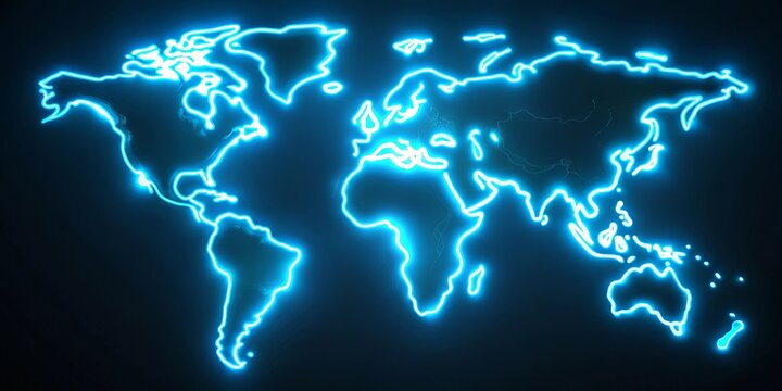 Futuristic glowing lights with neon world map outline in animation - Powered by Adobe