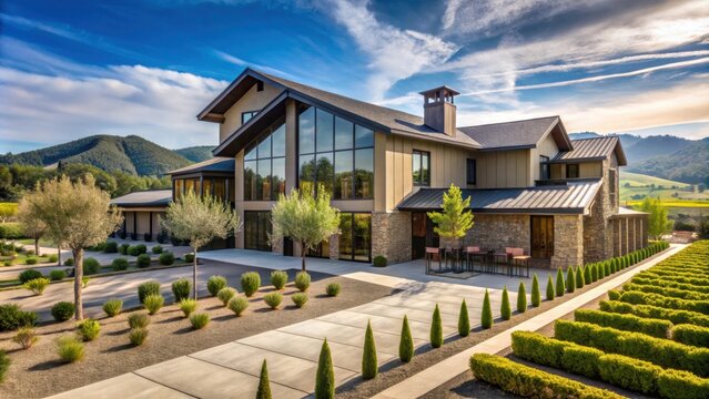 Sunny exterior view of the Silver Oak Napa Valley , Napa Valley, winery, vineyard, sunny, exterior, California, landscape