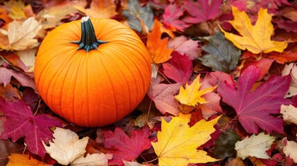 Orange pumpkin on colourful leaves. Autumn card with copy space for text. Thanksgiving and Halloween holiday background
