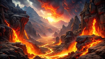 Fiery chasm in hell with molten lava and jagged rocks, creating a foreboding environment, hell, fiery, chasm