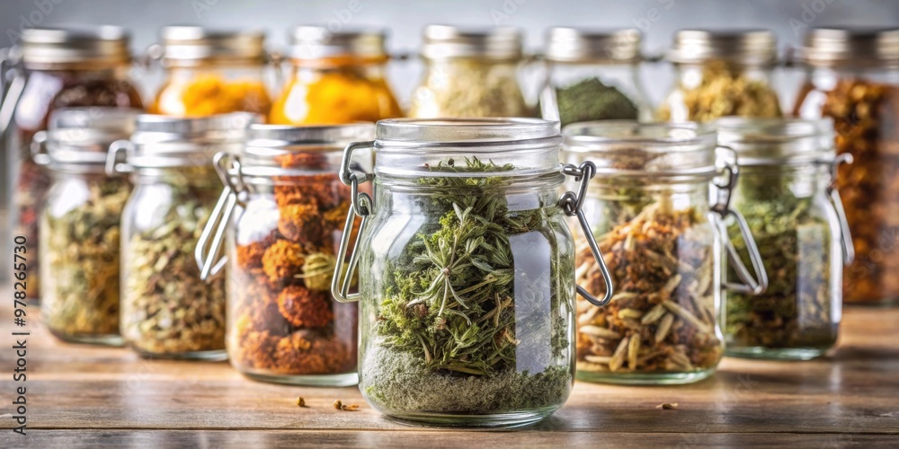 Sticker Glass jar filled with layered dried herbs, showing different shapes and sizes packed tightly together , herbs, glass jar