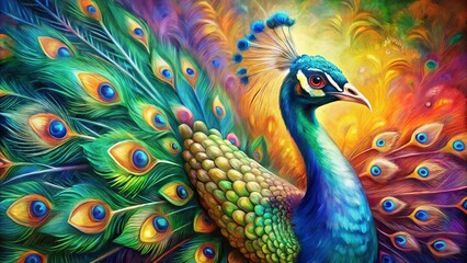 Vibrant artistic painting of a majestic peacock with colorful feathers