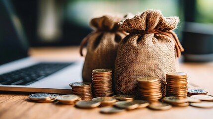 Bags of money and scattered coins placed in front of a laptop, representing digital wealth and the rising power of fintech investment