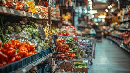 Fototapeta premium Shopping cart filled with vegetables in a supermarket produce aisle