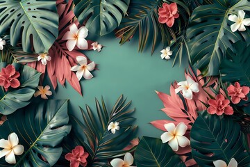 Tropical background with palm leaves and flowers