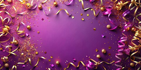 Vibrant purple background adorned with gold and pink confetti and streamers for festive celebration