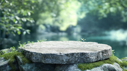 Stone podium on rock platform with blurred green forest background. Pedestal for a product display stand.